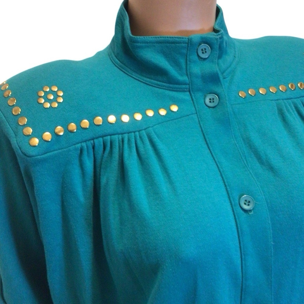 Vintage Ralph Teal Studded Jacket Western Glam Shoulder Pads Women’s Size L 80s - Picture 3 of 8